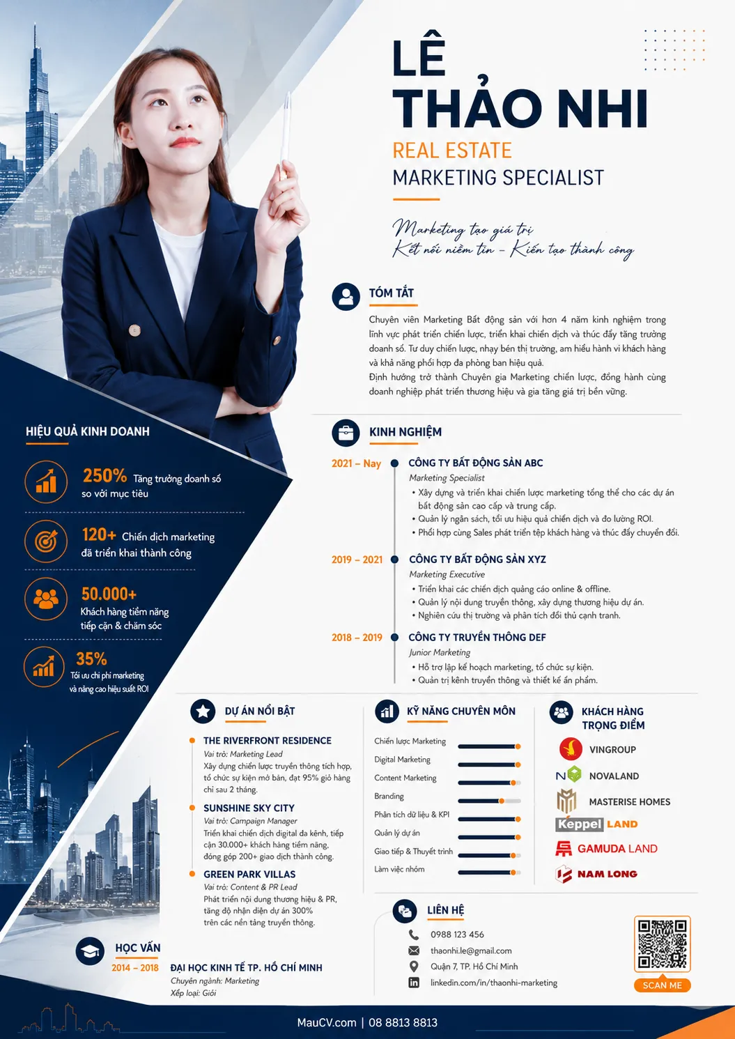 Mẫu CV Bất động sản chuyên nghiệp chuyên nghiệp tông xanh navy, trắng và cam