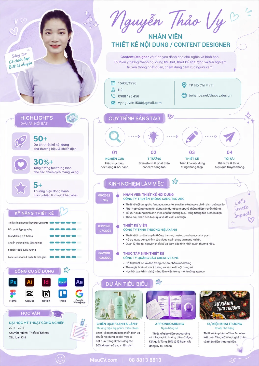 Mẫu CV Content SEO tông tím chuyên nghiệp tông tím pastel, xanh mint và trắng