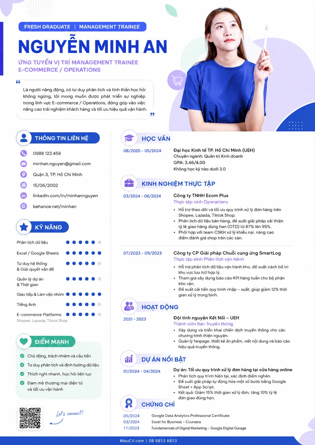 Mẫu CV Điều phối dự án tông tím chuyên nghiệp tông tím, xanh dương và trắng