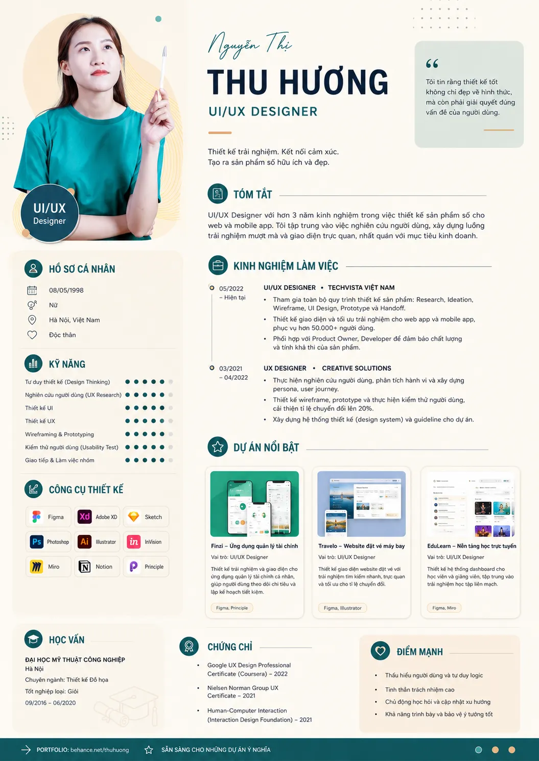 Mẫu CV Marketing pastel chuyên nghiệp tông xanh sage, be và cam nhạt