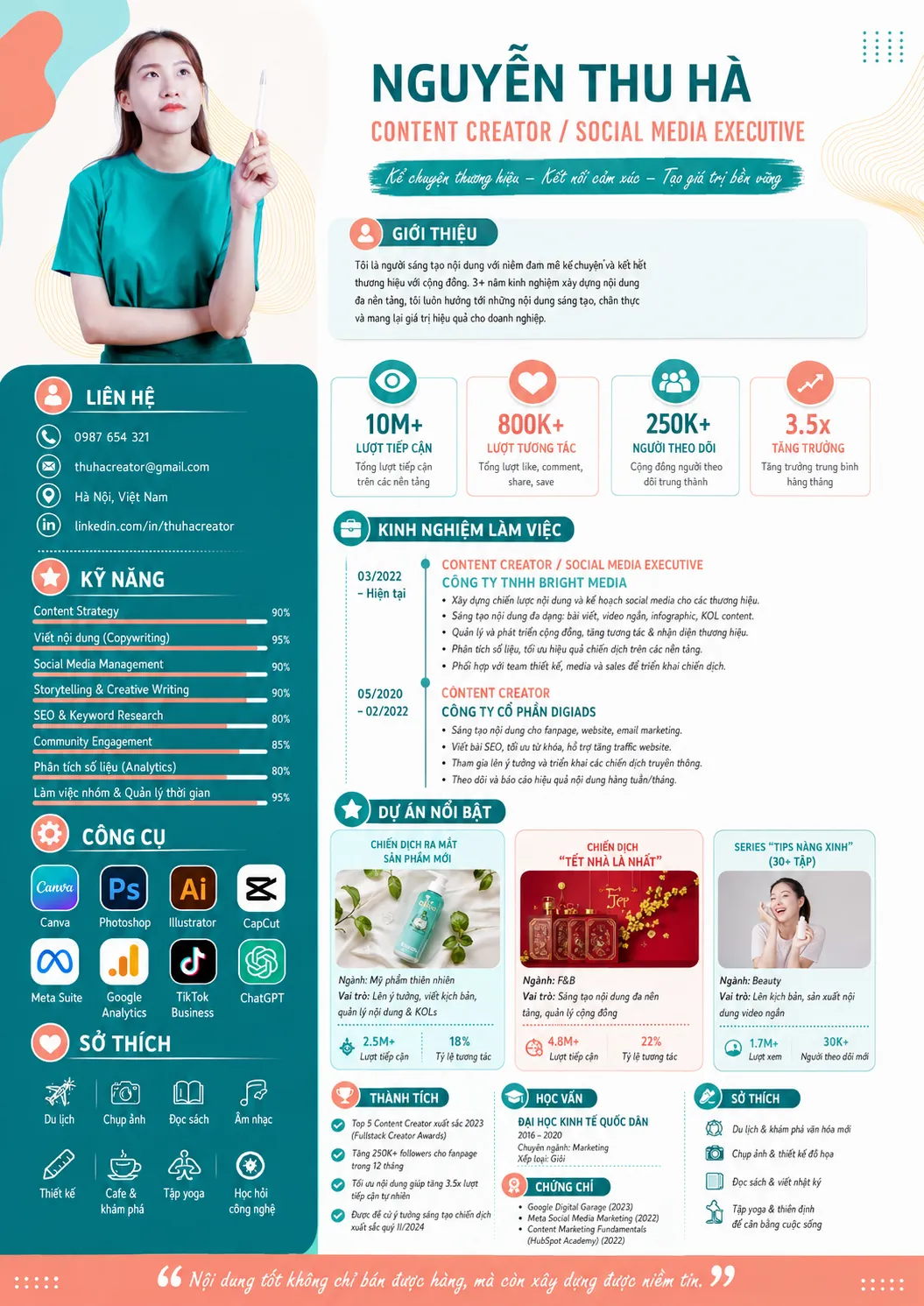Mẫu CV Marketing sáng tạo chuyên nghiệp tông xanh ngọc, trắng và cam san hô
