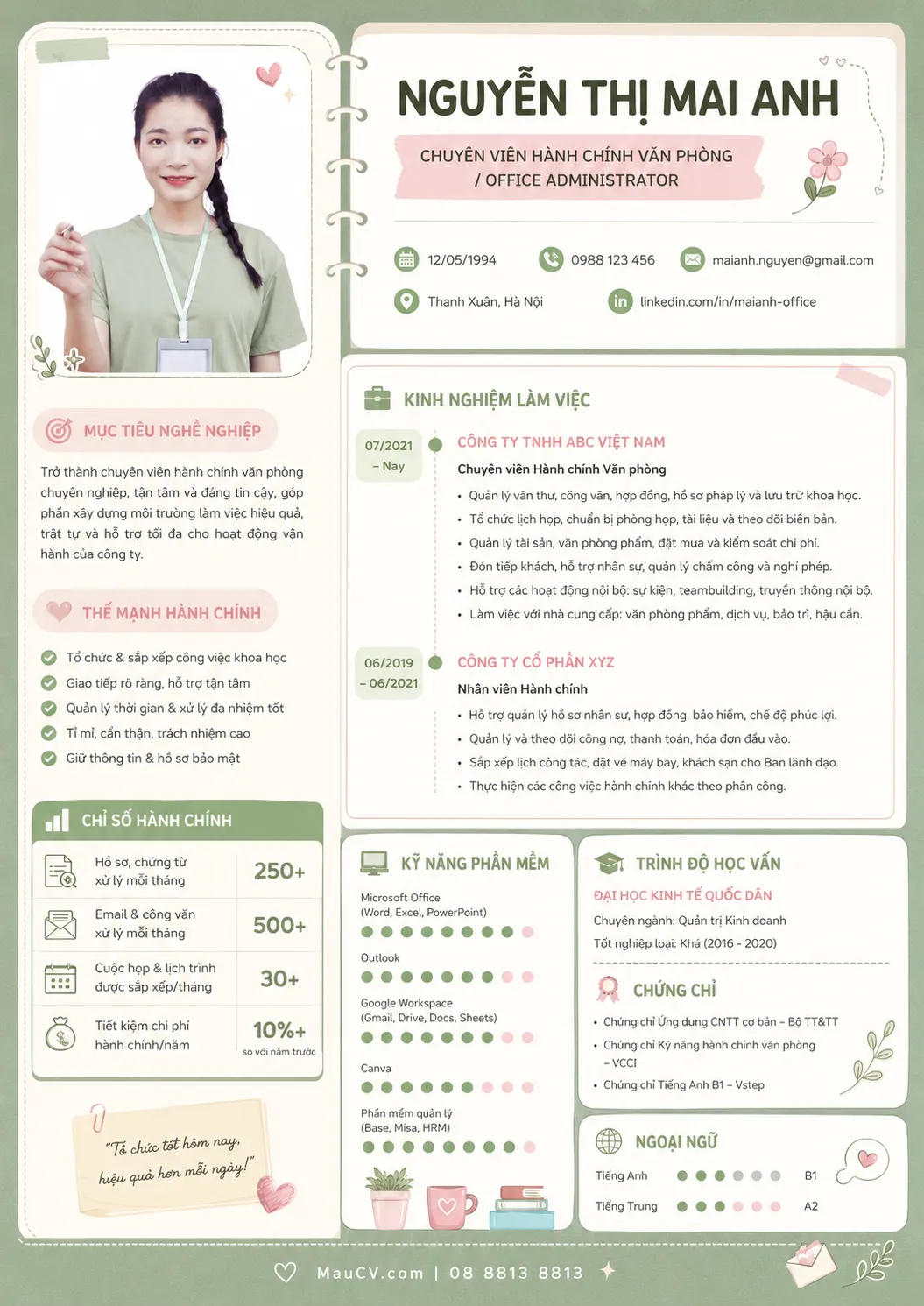 Mẫu CV Marketing xanh lá chuyên nghiệp tông xanh olive, trắng và hồng nhạt