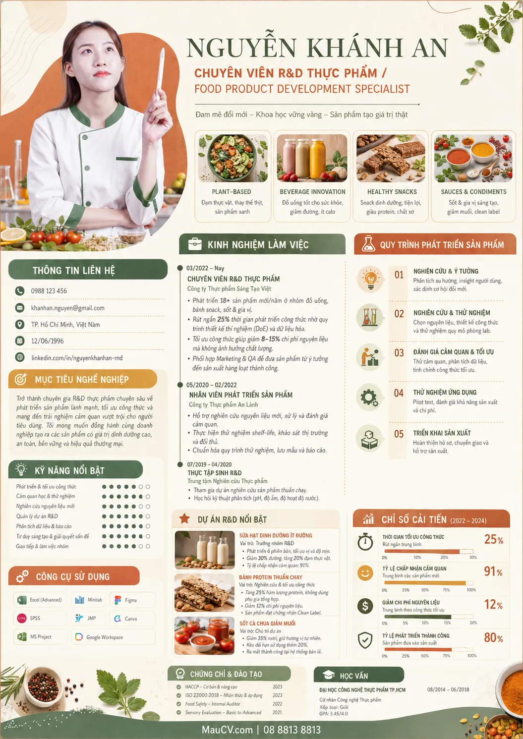 Mẫu CV Nhà hàng ẩm thực chuyên nghiệp tông xanh rêu, cam đất và kem