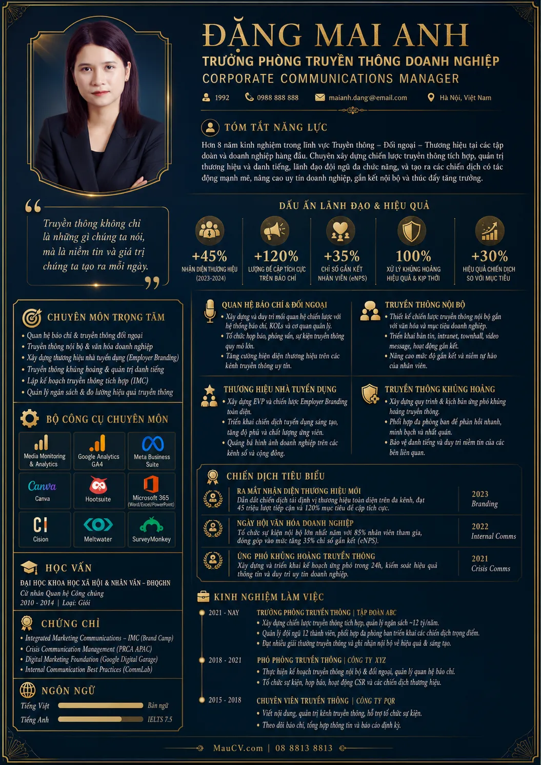 Mẫu CV Quản lý vận hành dark chuyên nghiệp tông xanh đêm, vàng đồng và xanh lá