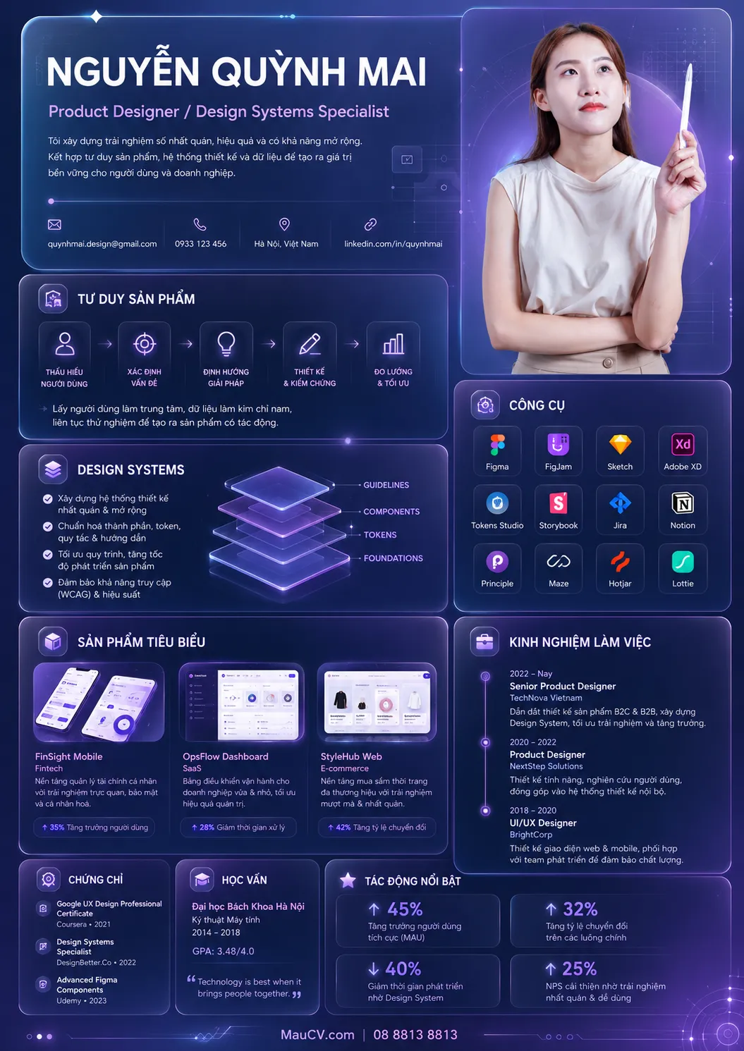 Mẫu CV Sản phẩm số dark chuyên nghiệp tông tím đậm, xanh điện và đen