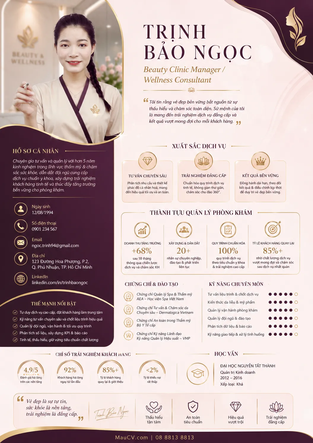 Mẫu CV Thương hiệu cao cấp chuyên nghiệp tông nâu rượu, hồng nhạt và vàng