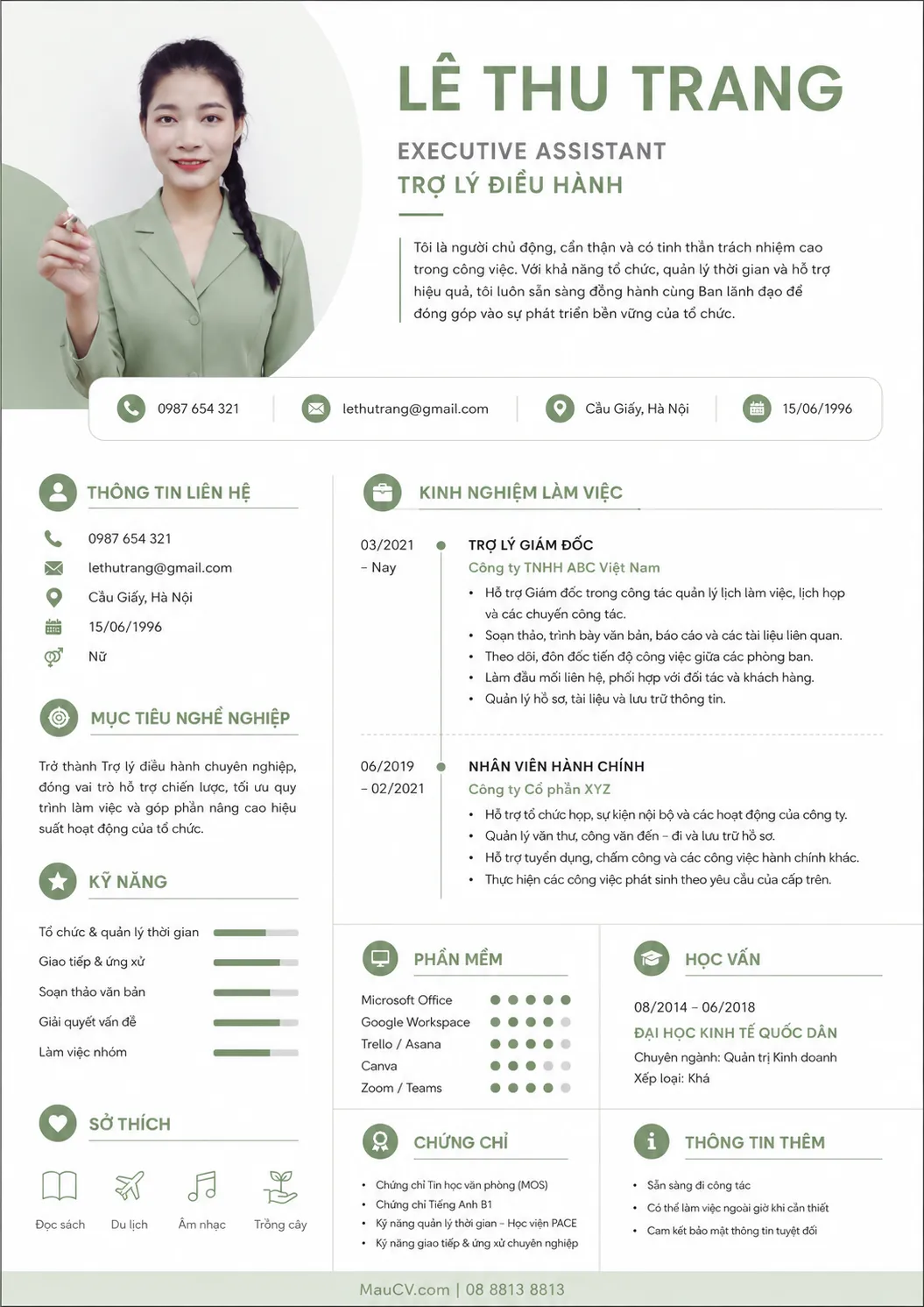 Mẫu CV Trợ lý điều hành chuyên nghiệp tông xanh olive nhạt và trắng
