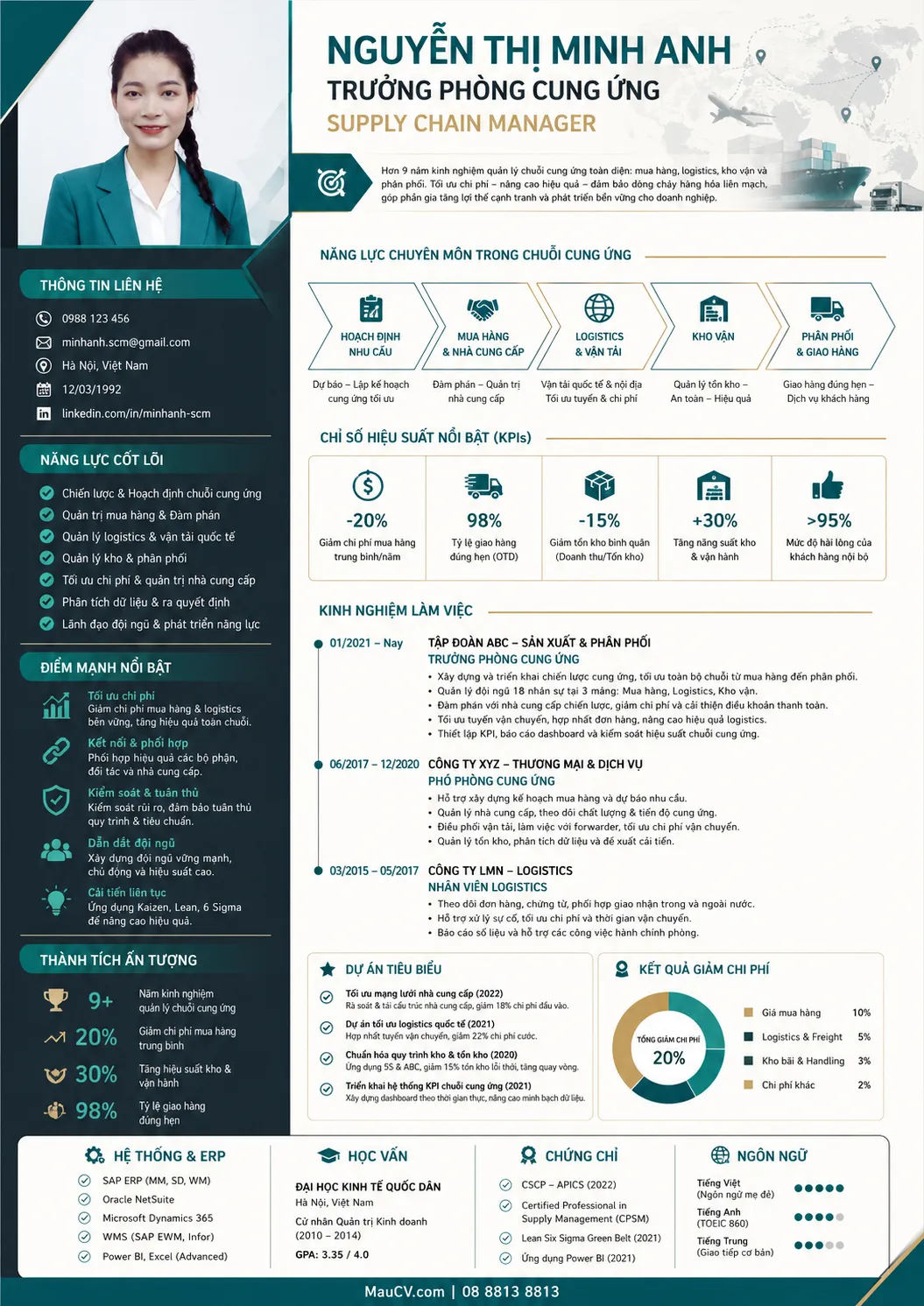 Mẫu CV Truyền thông cá nhân chuyên nghiệp tông xanh teal, trắng và xám nhạt