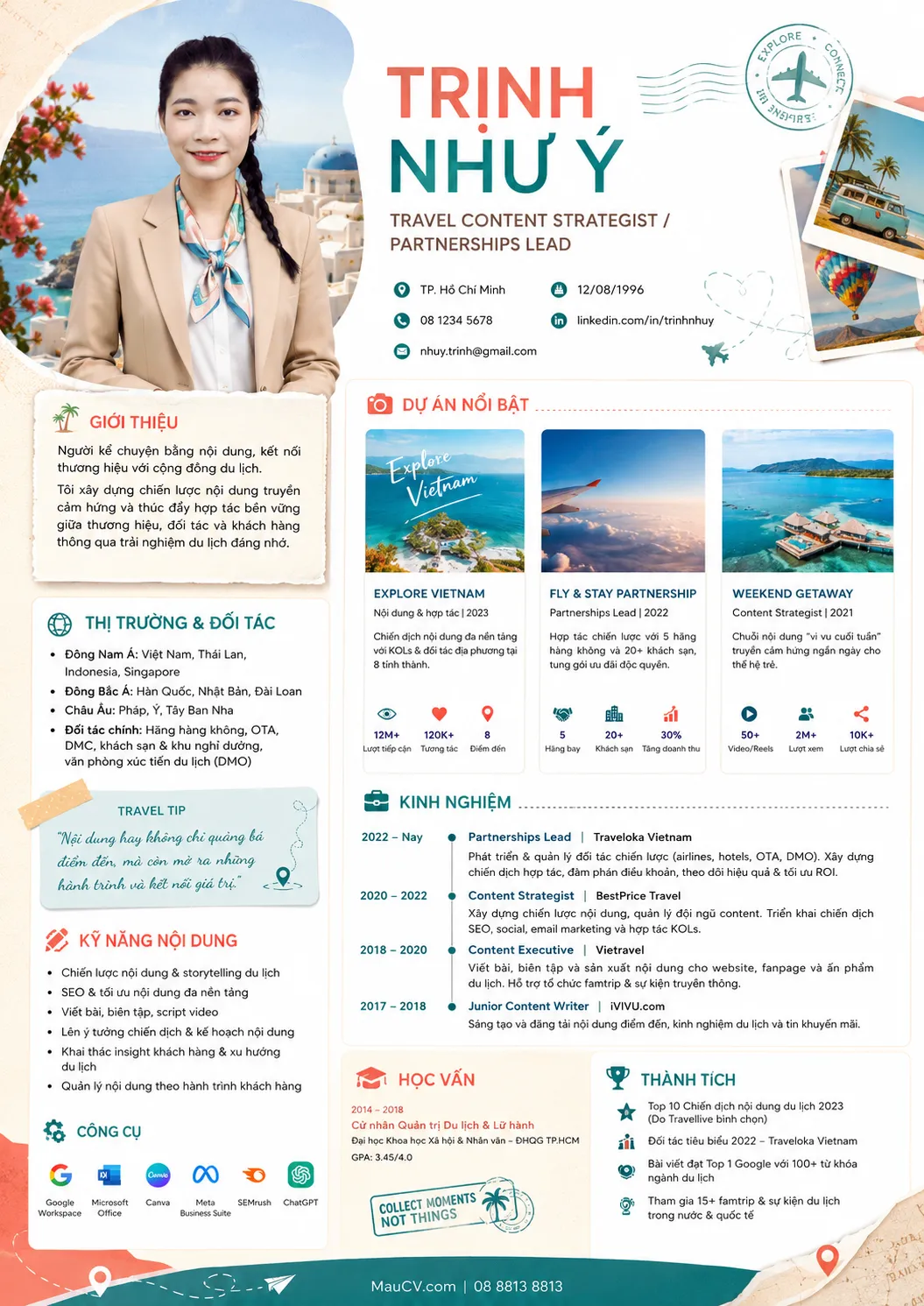 Mẫu CV Tư vấn du lịch chuyên nghiệp tông xanh ngọc, cam và trắng