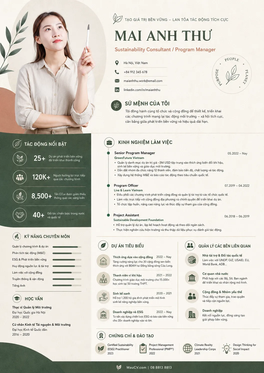 Mẫu CV Tư vấn marketing chuyên nghiệp tông xanh rêu, be và trắng